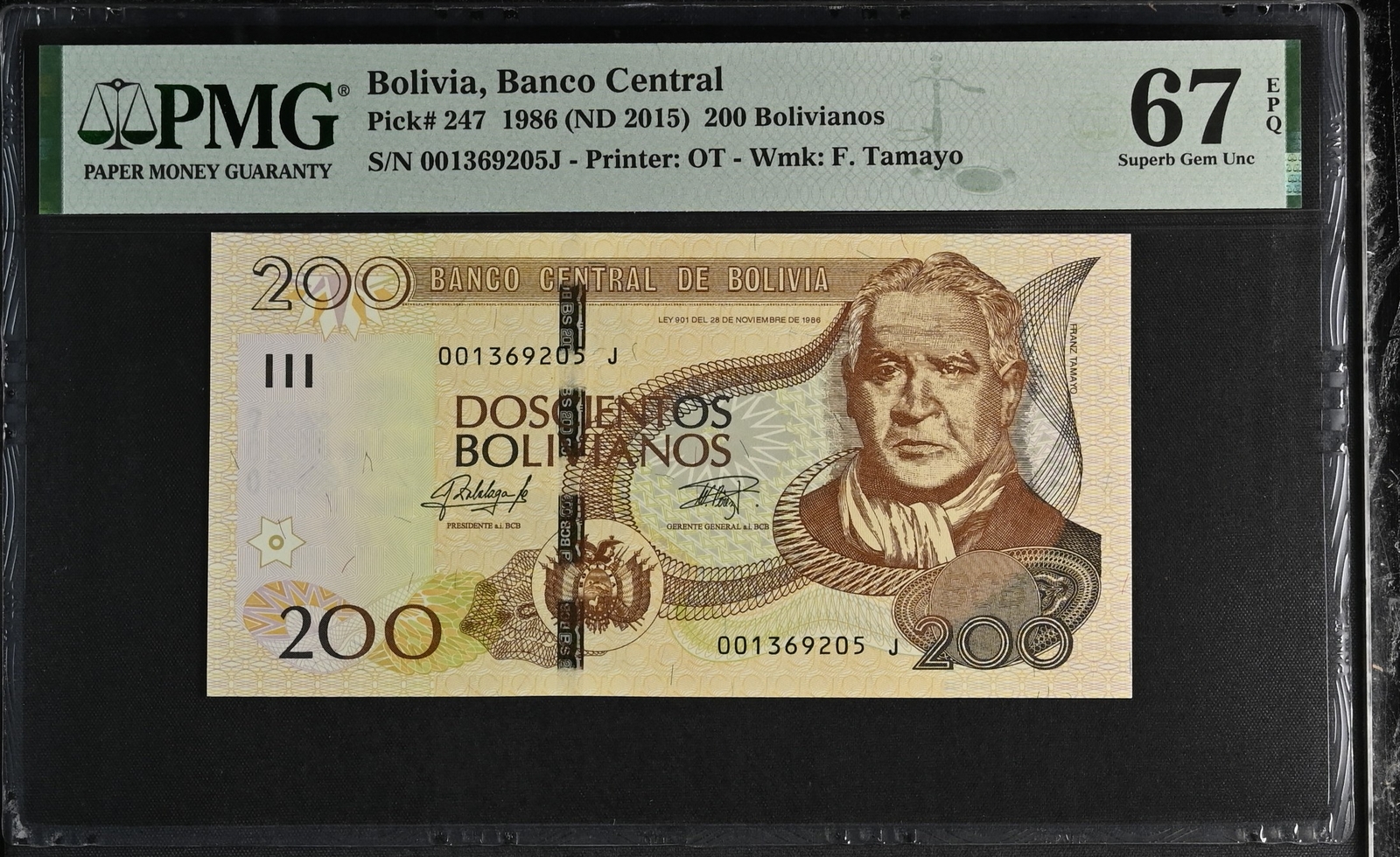 ボリビア 高額面 1986(2018)年 200Bolivanos 未使用 A券 p-252 